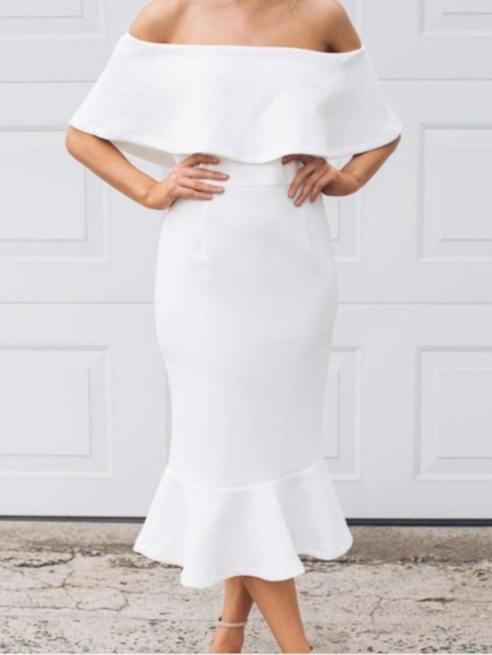 NWT Esther Kirby Dress – White Off-Shoulder Midi Dress – Size 6